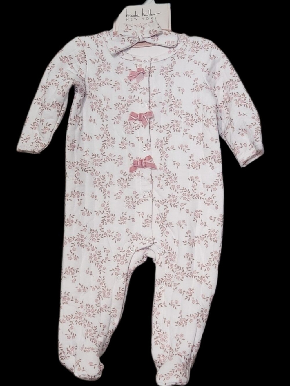 NWT Nicole Miller New York Baby Girl Footed Sleeper & Headband Set – Pink Floral